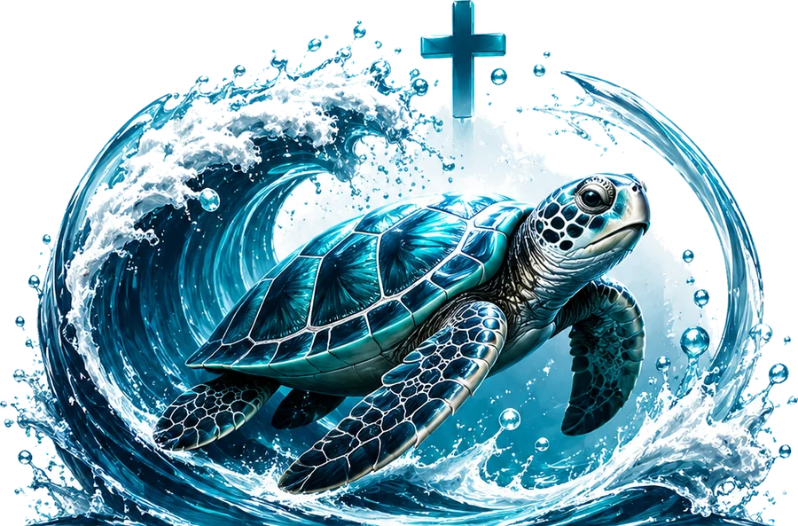 Illustrated sea turtle rising through an ocean wave beneath a cross, the Beach B.U.M.S. emblem